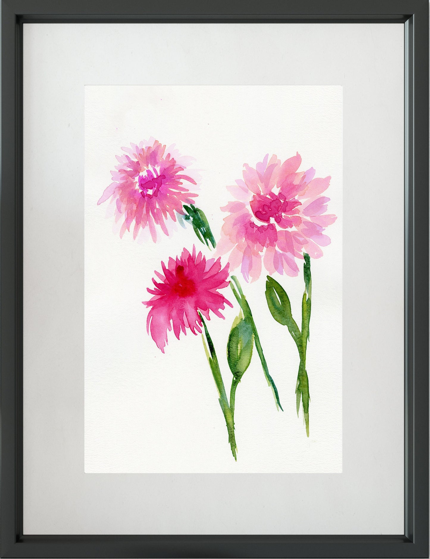 Pink dahlias original watercolor painting 9x12, hand painted botanical wall art, floral artwork