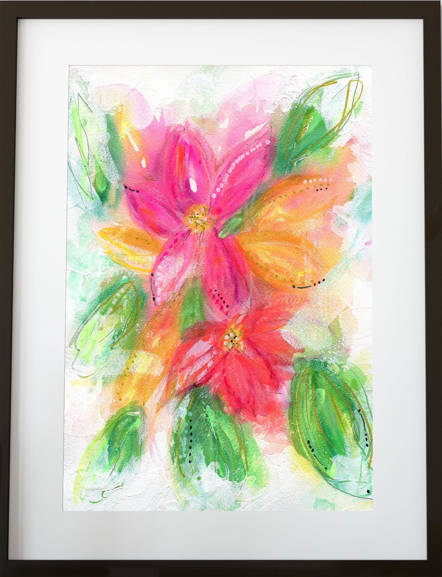 Pink and orange hand painted flower painting 9x12, abstract mixed media floral painting on paper