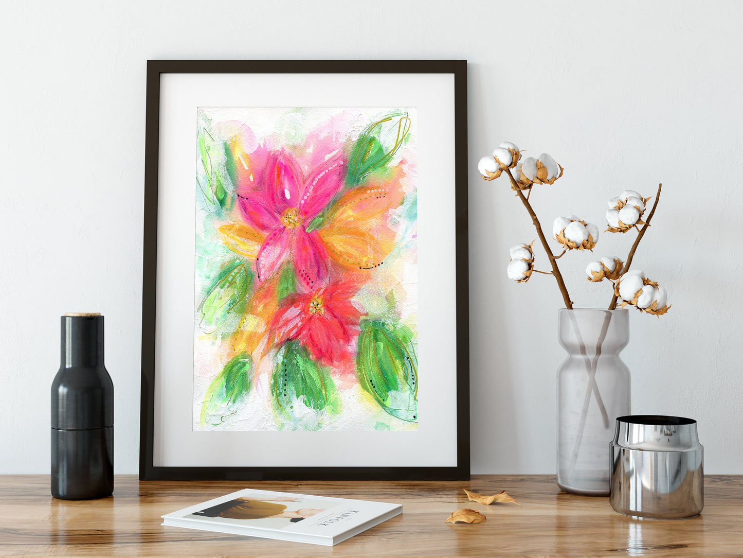 Pink and orange hand painted flower painting 9x12, abstract mixed media floral painting on paper