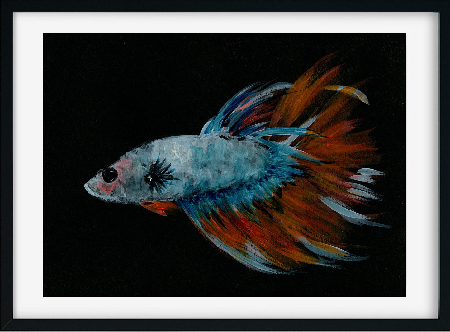 Betta fish art, blue and orange acrylic painting 9x12, small fish wall art, Siamese fighting fish painting, original artwork