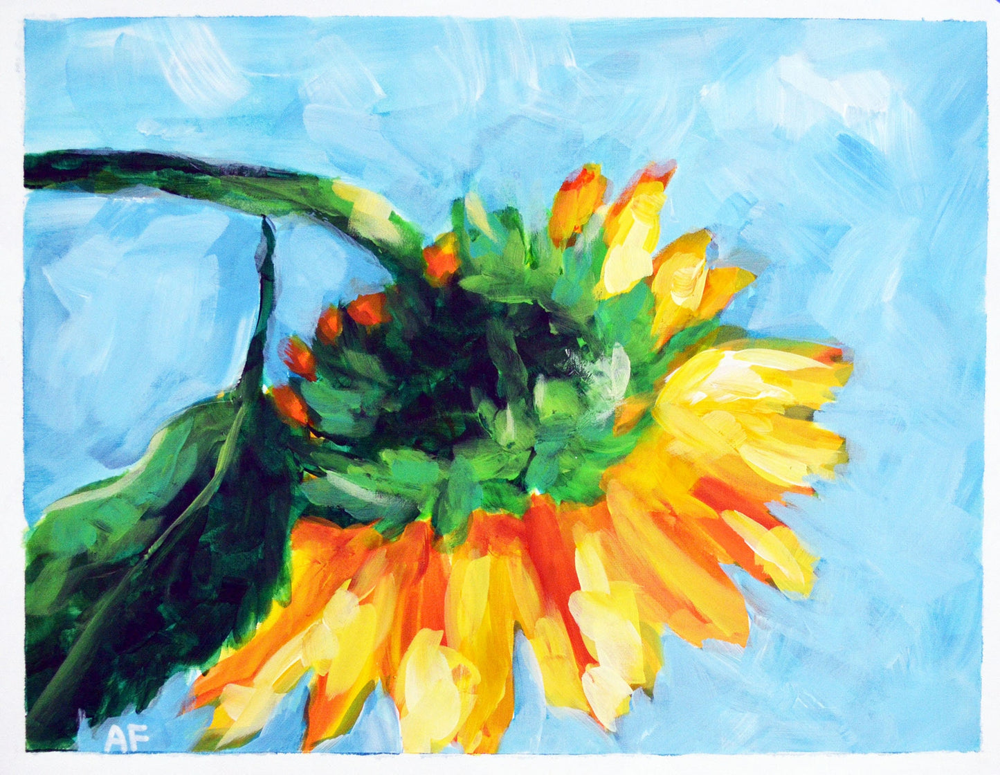 Original sunflower hand painted acrylic painting, ready to frame painting on paper 11x14, bright yellow sunflower painting