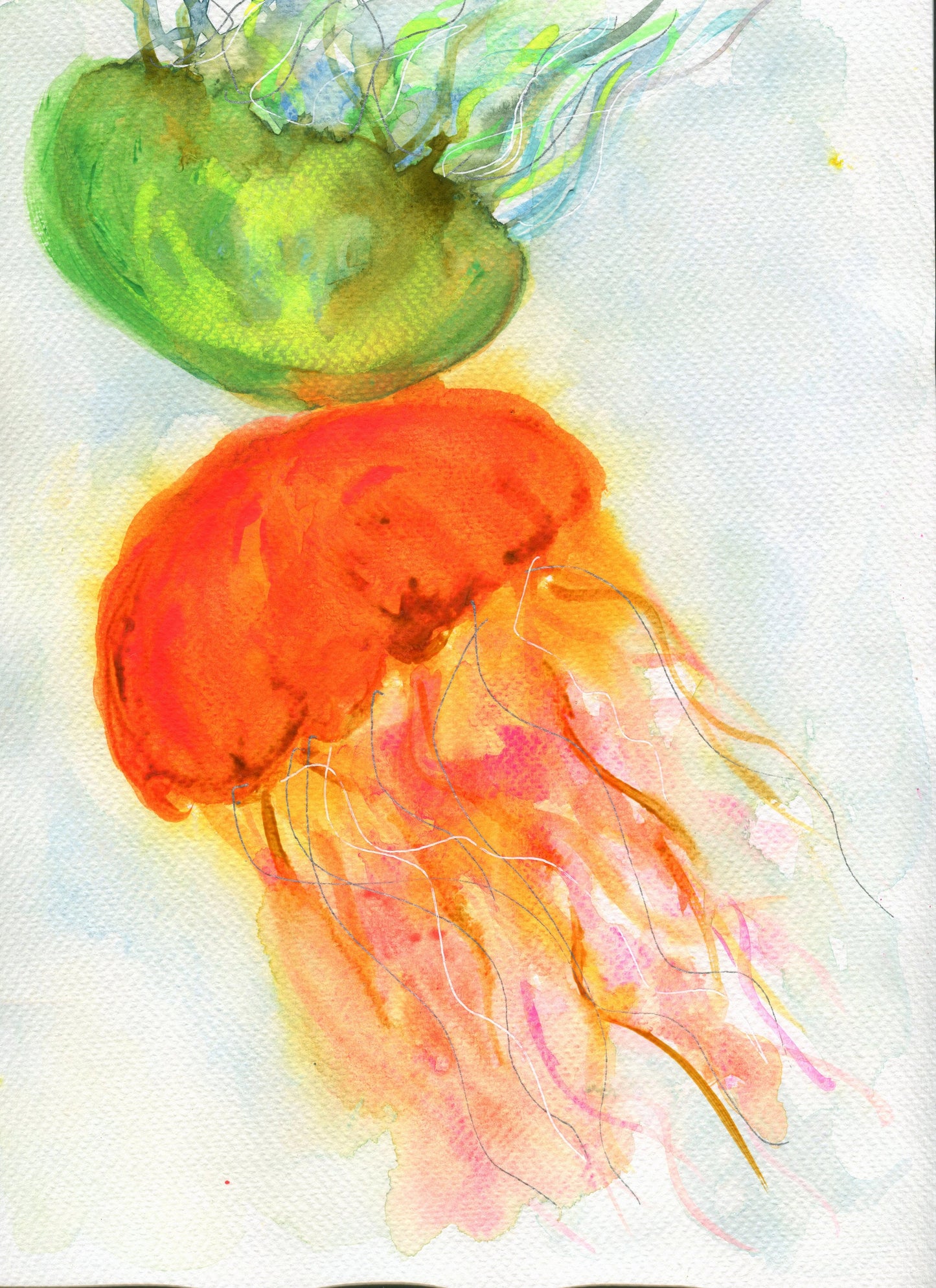 Jellyfish watercolor and acrylic painting 9x12, under the sea art, hand painted original artwork not a print