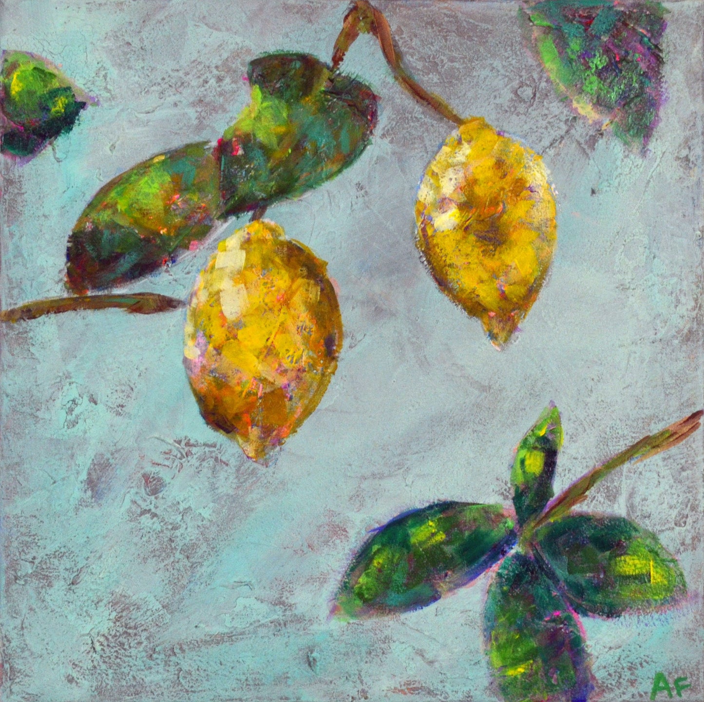 Lemon acrylic hand painted painting on canvas 14x14, expressive impressionism painting, original painting not a print, canvas wall art