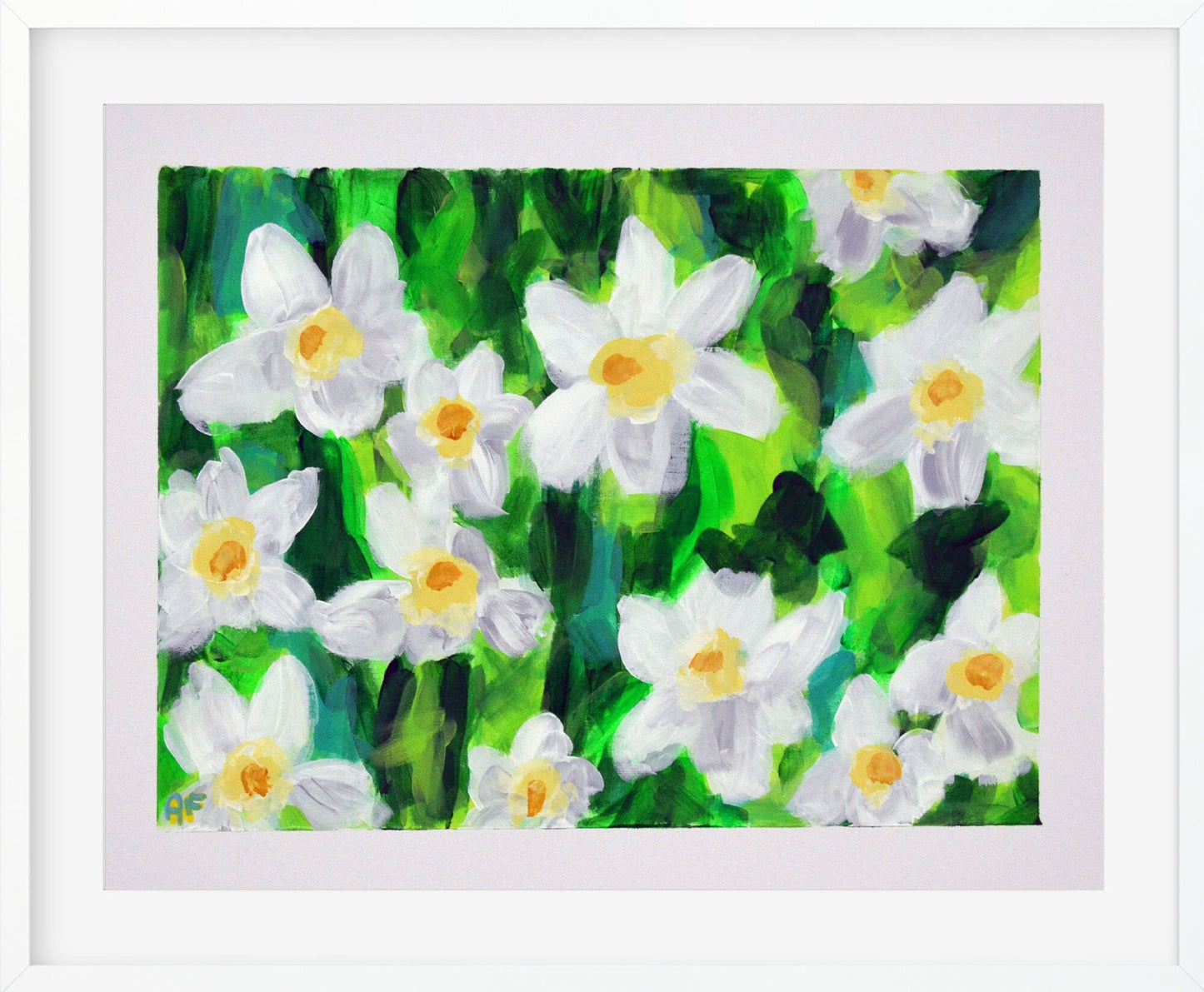 Field of daffodils on original hand painted acrylic painting on paper 11x14, flower nursery wall art, bright home decor