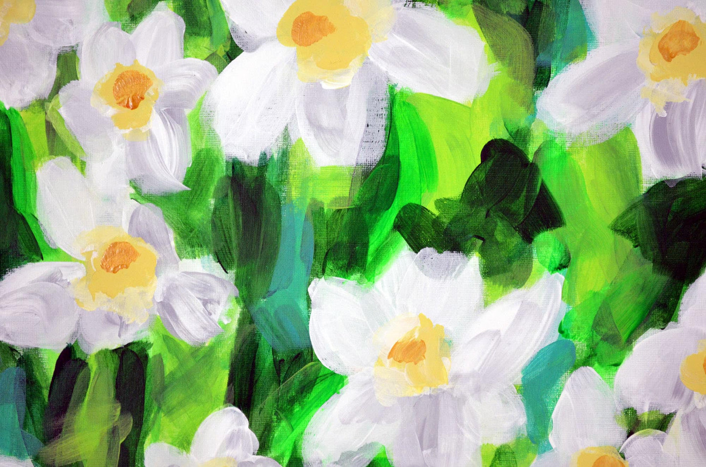 Field of daffodils on original hand painted acrylic painting on paper 11x14, flower nursery wall art, bright home decor