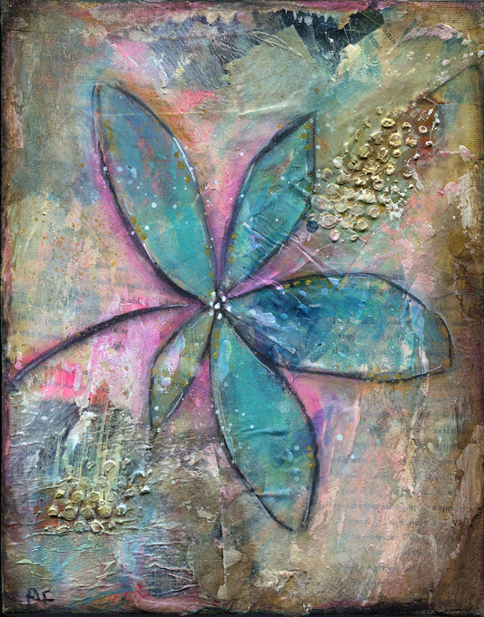 Blue abstract flower garden hand painted mixed media painting on canvas panel 8x10, original art acrylic and watercolor Painting