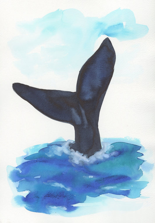 Blue whale tail hand painted watercolor painting 9x12, original watercolor painting, ocean life wall decor