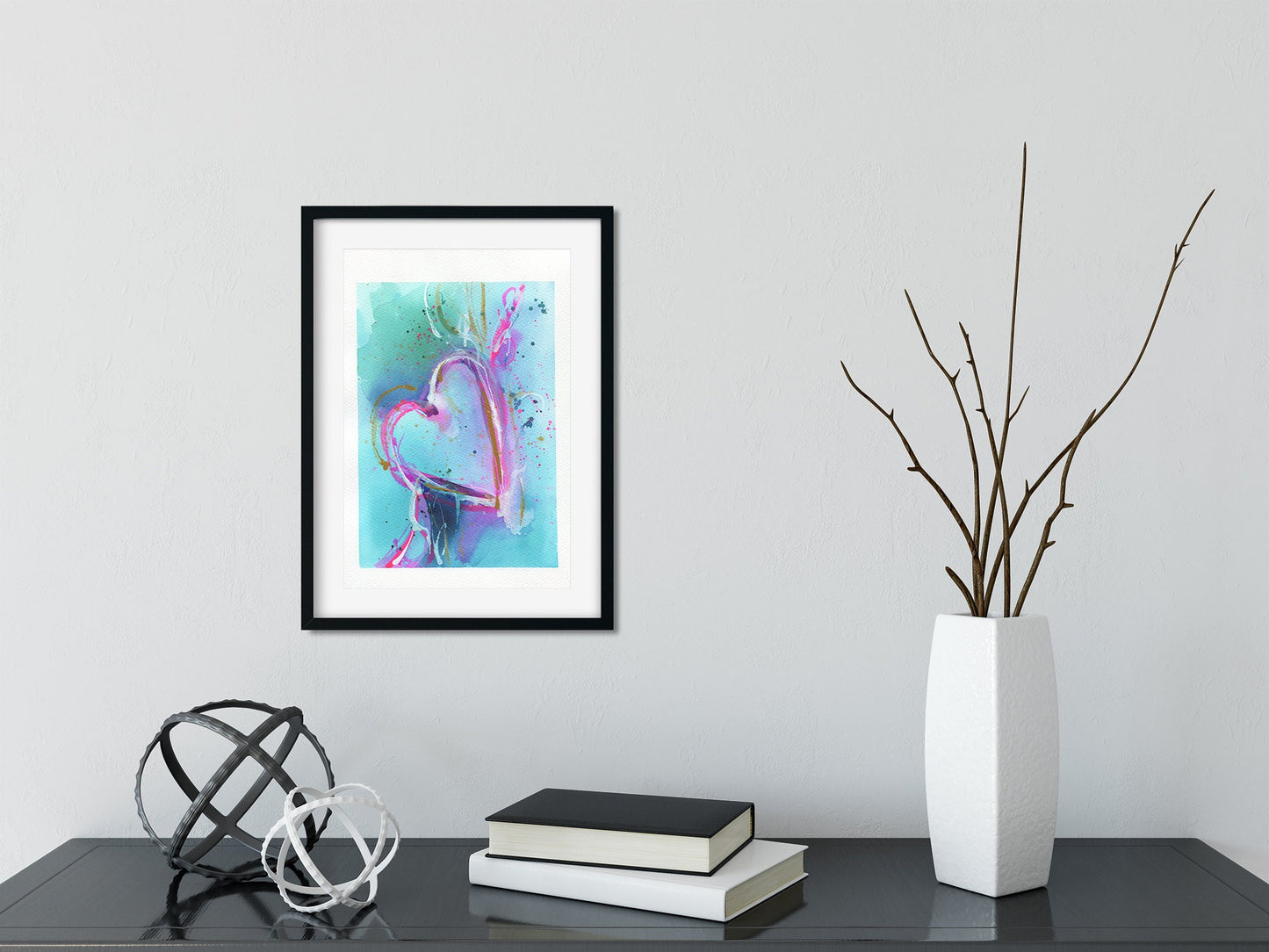 Abstract heart watercolor painting hand painted on paper, vibrant colors for living room wall art, ready to frame original art 9x12