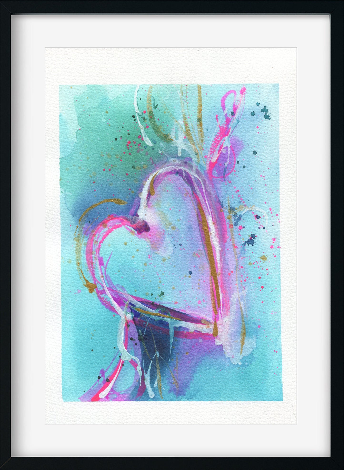 Abstract heart watercolor painting hand painted on paper, vibrant colors for living room wall art, ready to frame original art 9x12