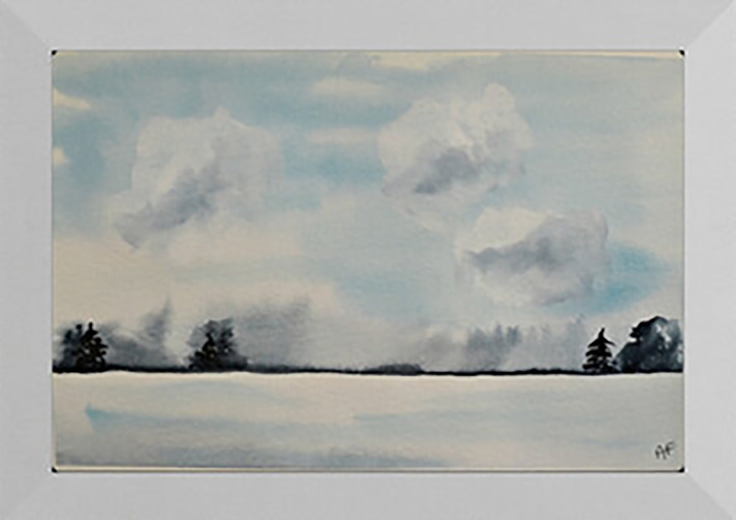 Cloudy day original hand painted watercolor landscape painting, 9x6 on paper, ready to frame, snowy landscape wall art