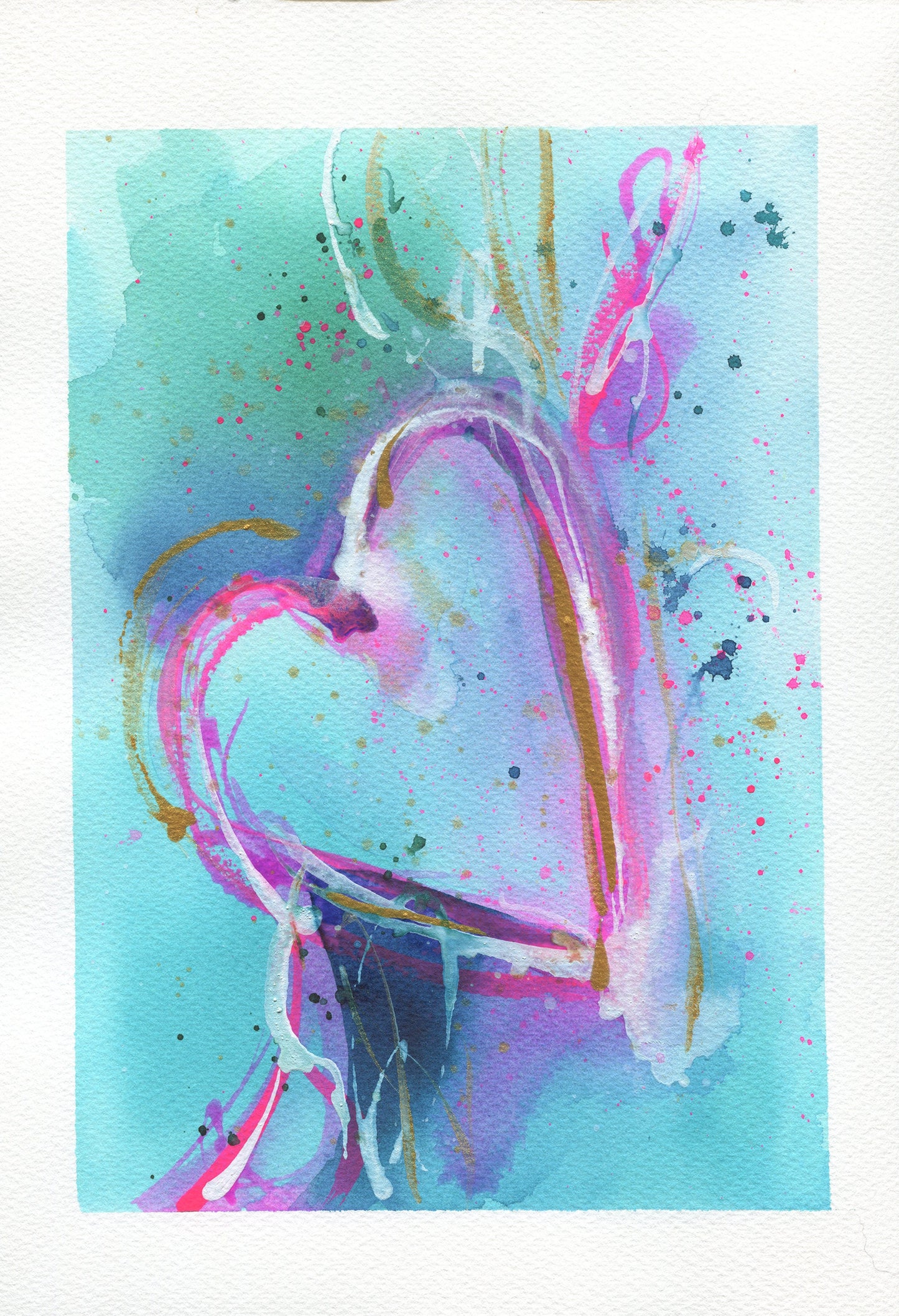 Abstract heart watercolor painting hand painted on paper, vibrant colors for living room wall art, ready to frame original art 9x12