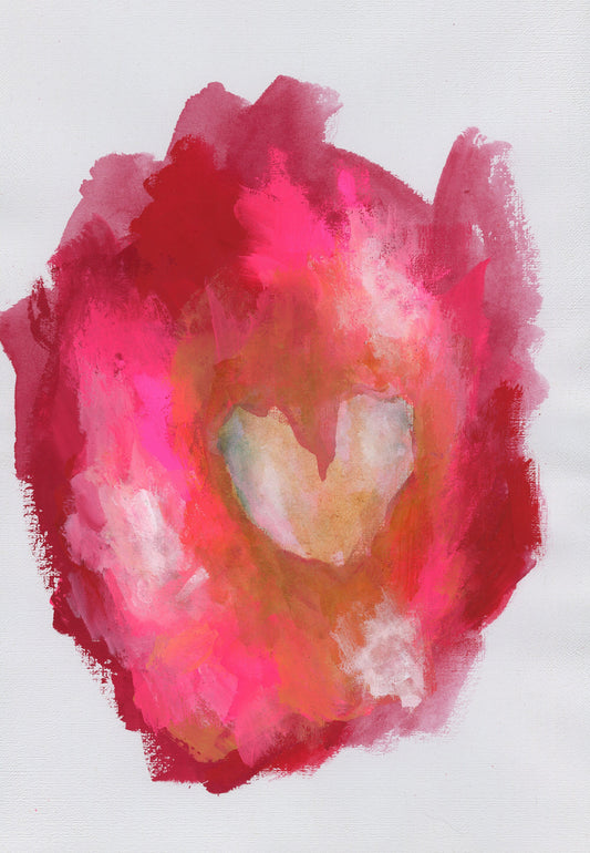 Abstract red pink gold heart acrylic painting on paper 9x12, expressive bold abstract wall art