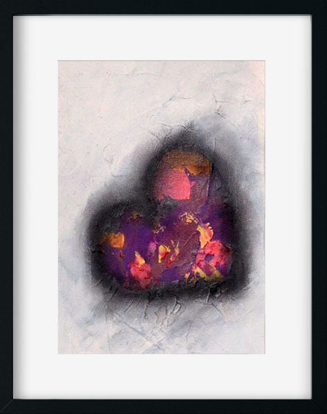 Expressive purple heart painting on paper 6x9, funky wall decor, original mixed media abstract painting