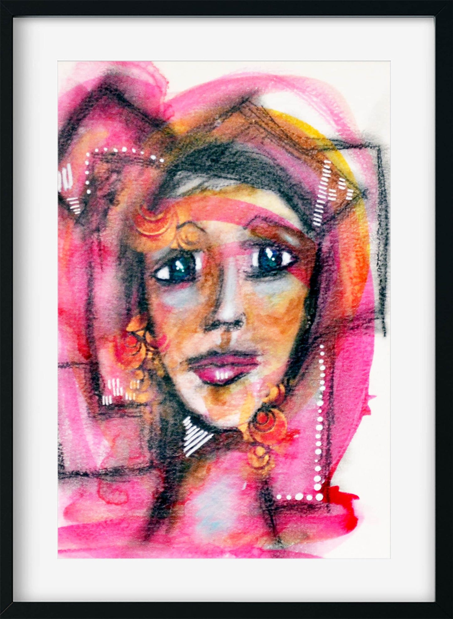 Expressive female face mixed media painting on paper 9x12, funky hot pink portrait of a woman watercolor