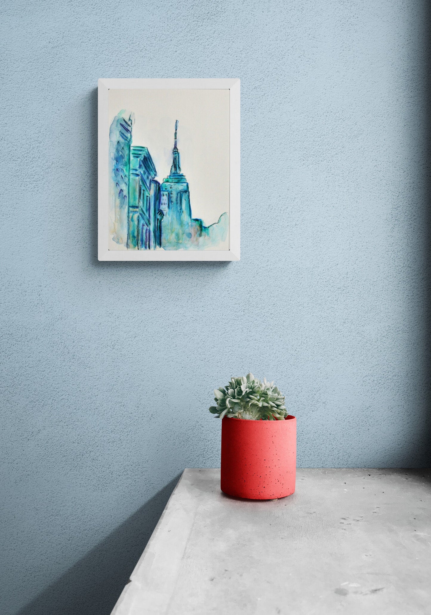 City scape watercolor painting 9x12, abstract big city wall art, New York city artwork