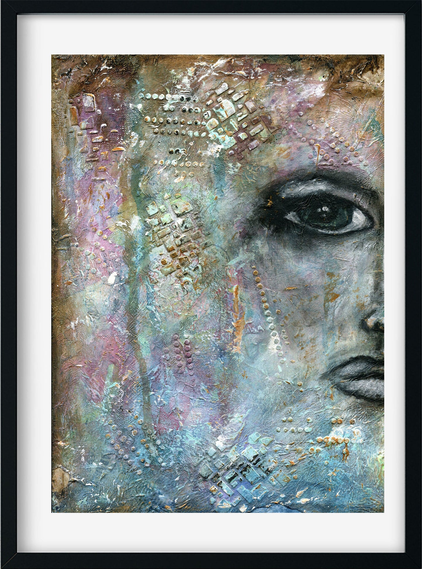 Expressive female face watercolor and acrylic painting on canvas panel 9x12, mixed media abstract painting, hand painted original painting