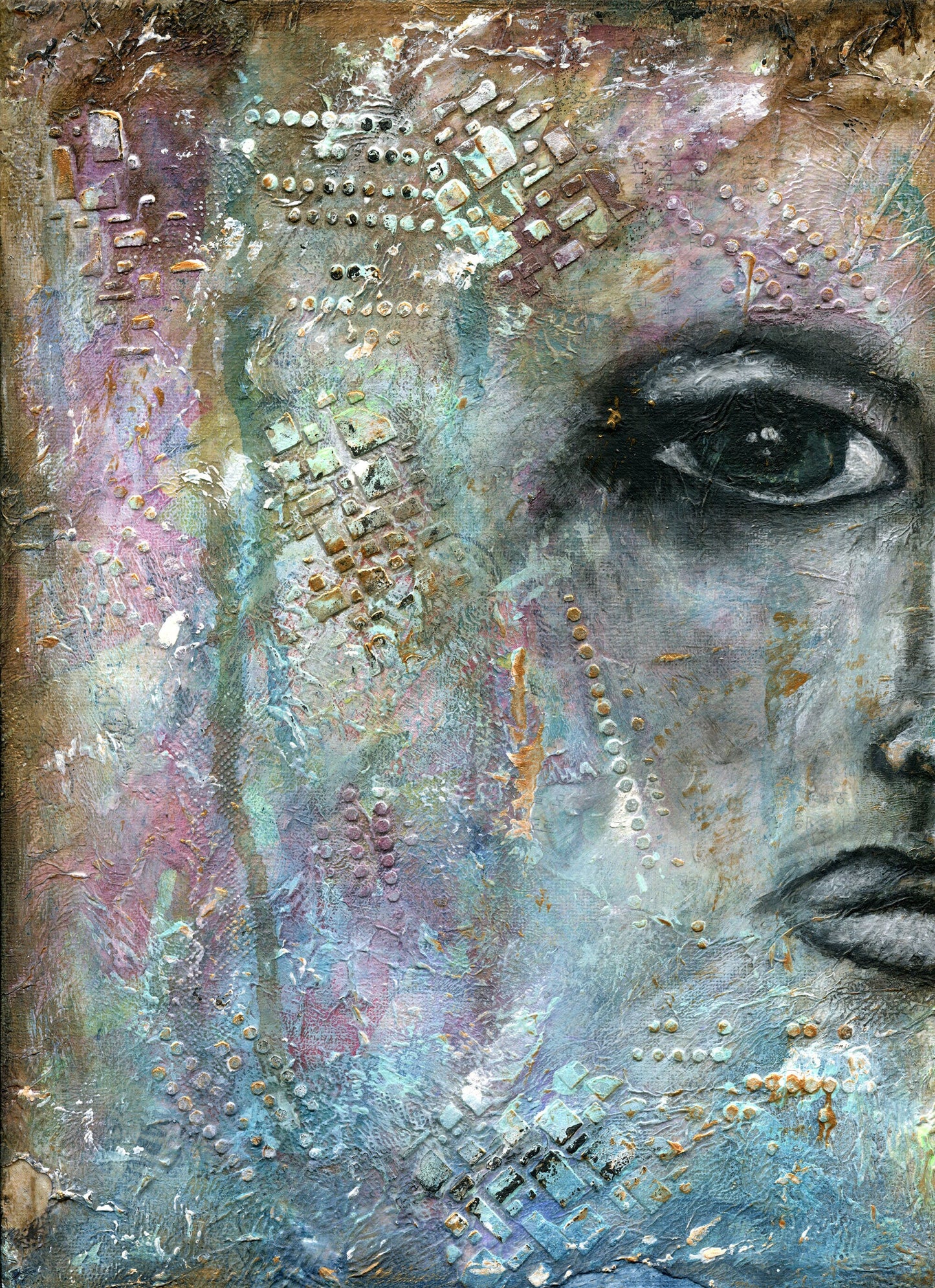 Expressive female face watercolor and acrylic painting on canvas panel 9x12, mixed media abstract painting, hand painted original painting