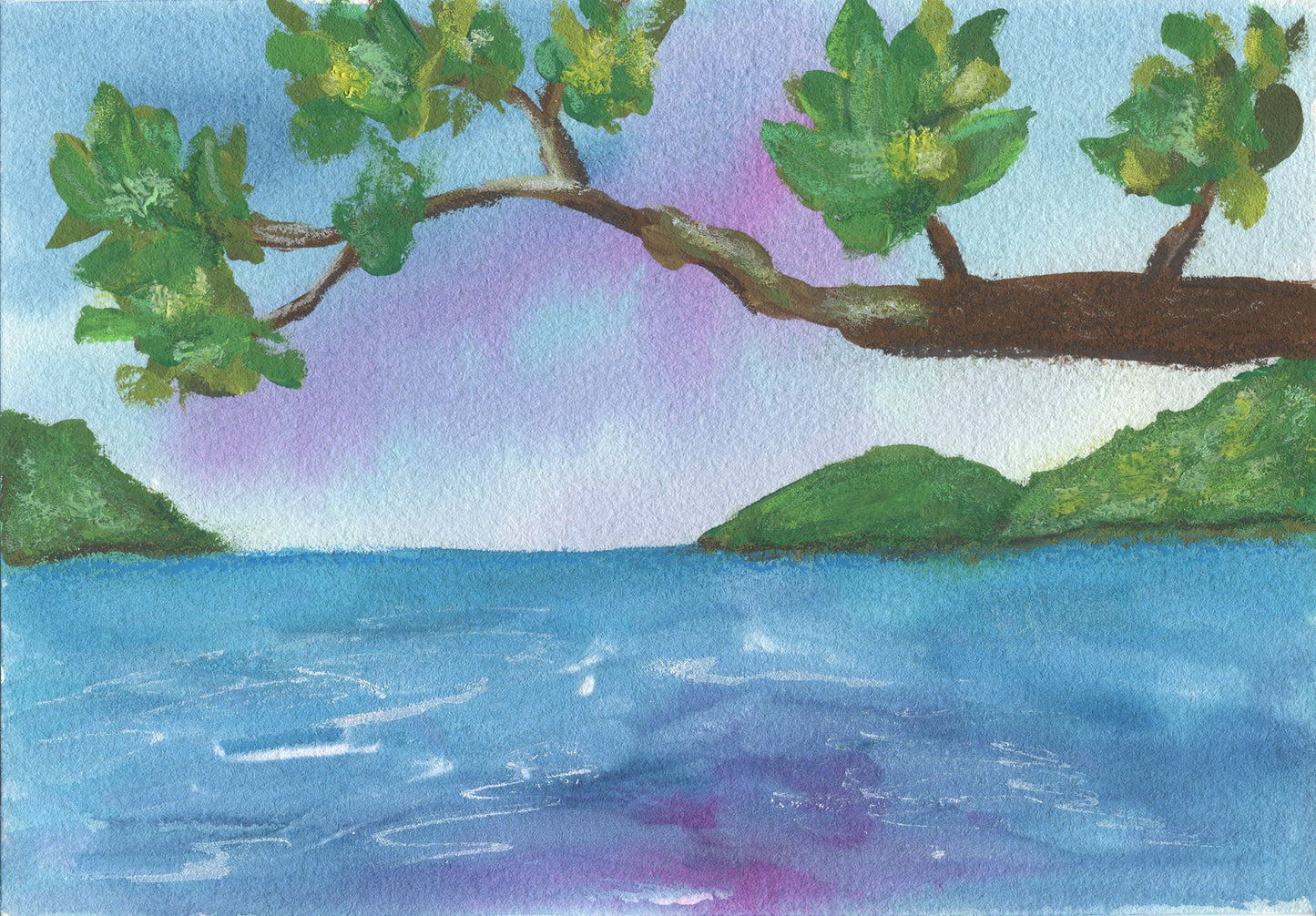 Tropical island and ocean landscape hand painted watercolor painting 5x7