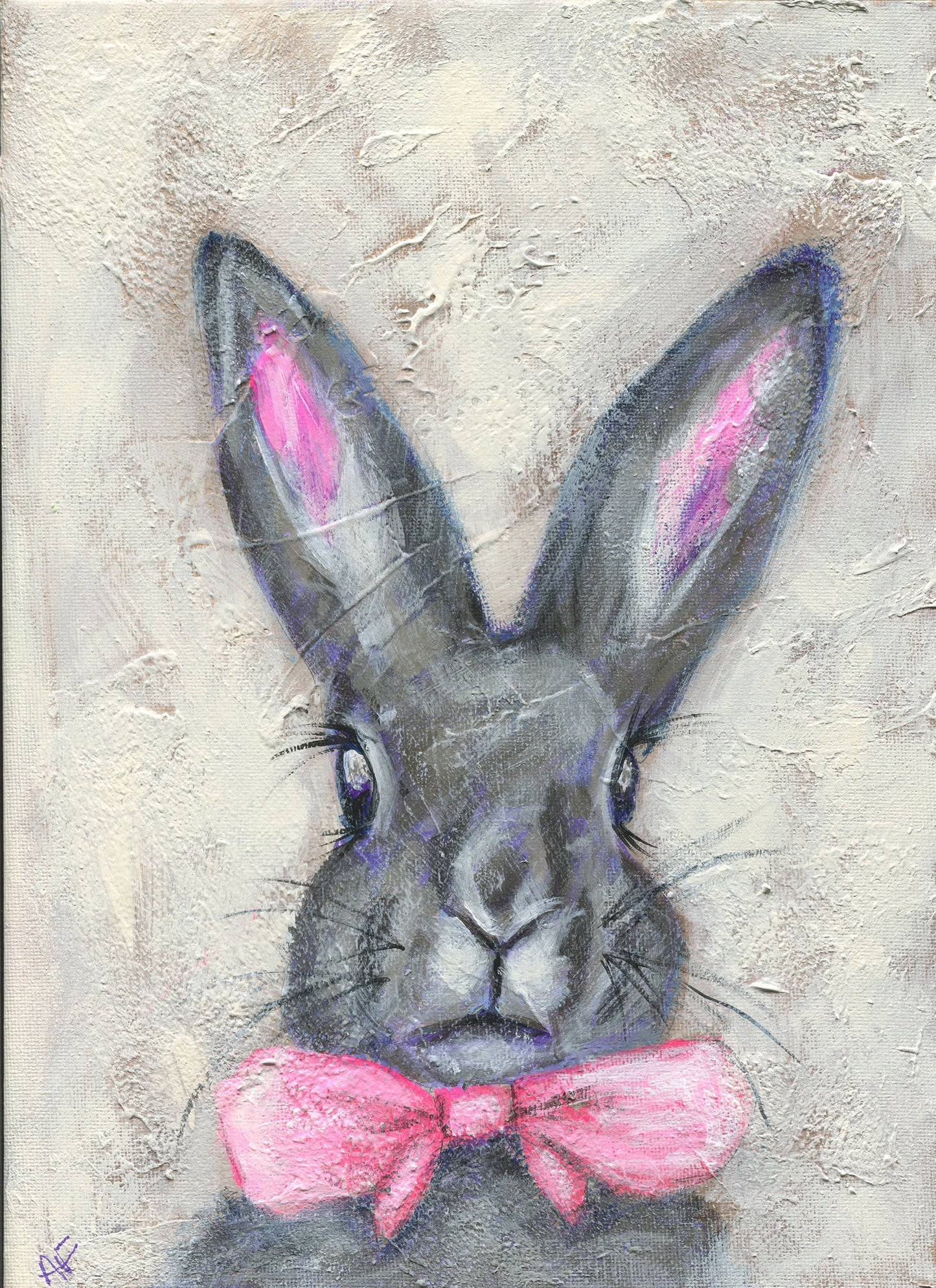 Rabbit with a bowtie painting on canvas, fluffy bunny artwork, nursery wall decor, original artwork not a print