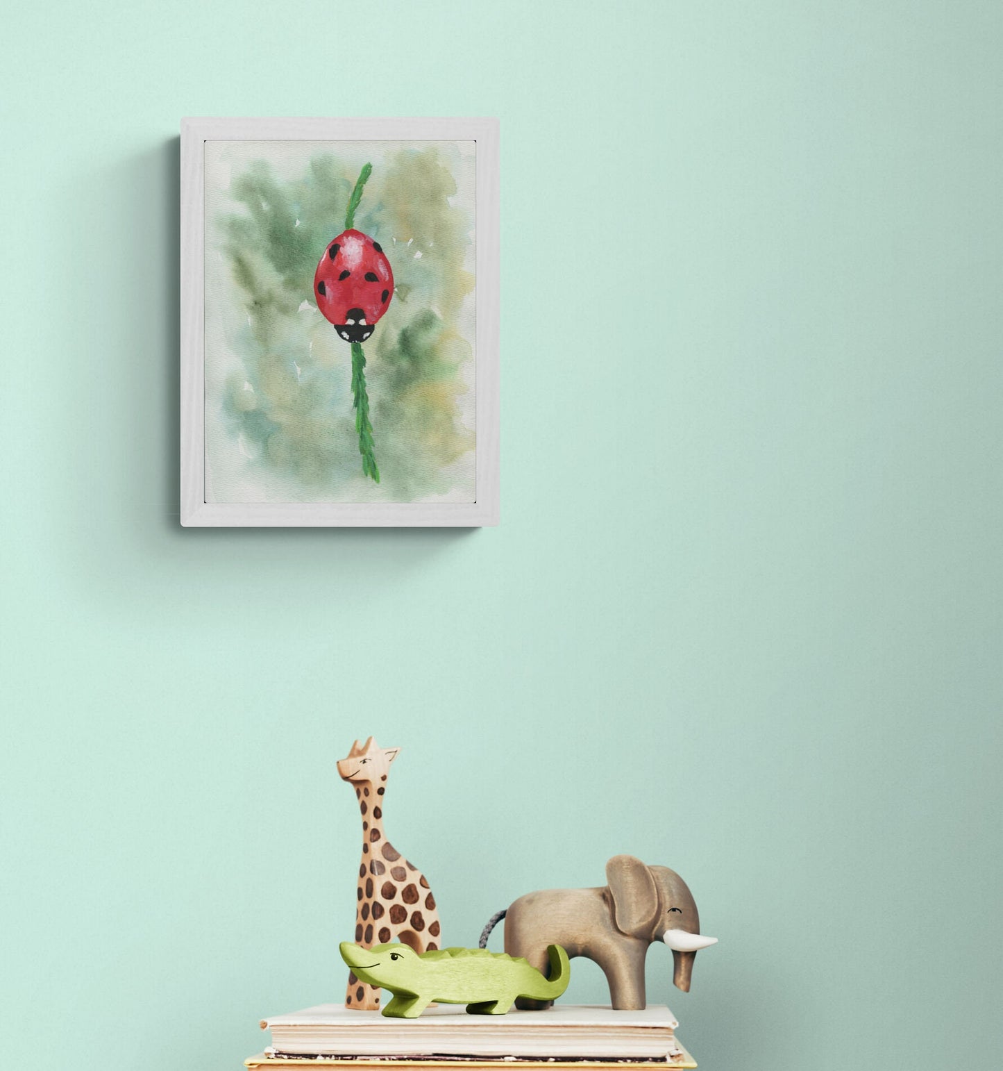 Lady bug hand painted watercolor painting on paper 9x12, sweet and delicate wall art, little girls room wall decor