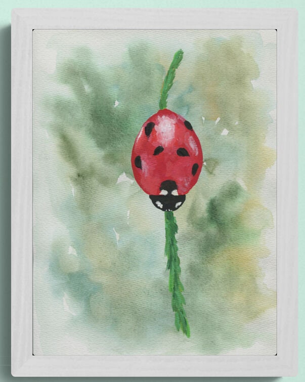 Lady bug hand painted watercolor painting on paper 9x12, sweet and delicate wall art, little girls room wall decor