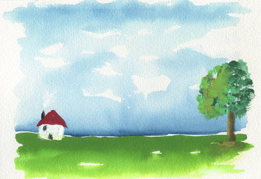 Little white house on a bright green landscape hand painted watercolor painting 5x7, small wall art ready to frame