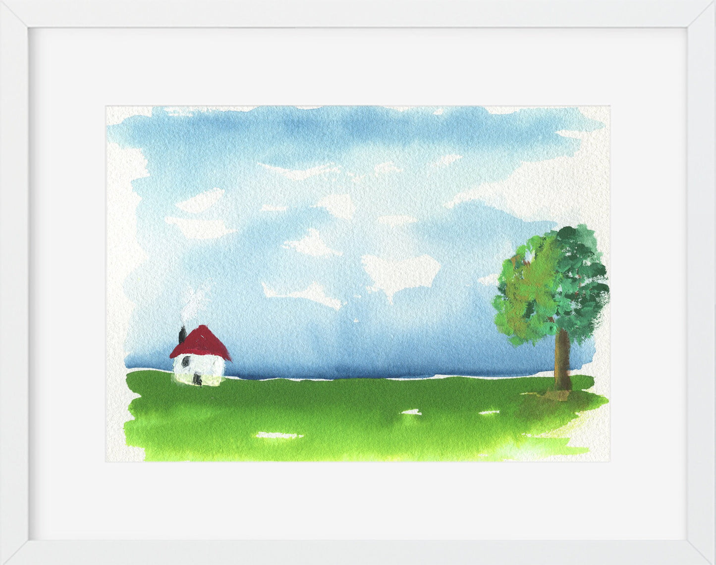 Little white house on a bright green landscape hand painted watercolor painting 5x7, small wall art ready to frame