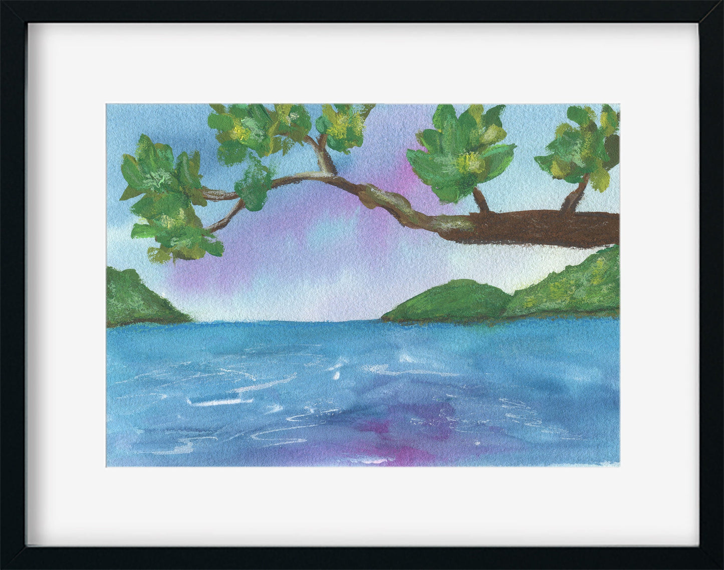 Tropical island and ocean landscape hand painted watercolor painting 5x7