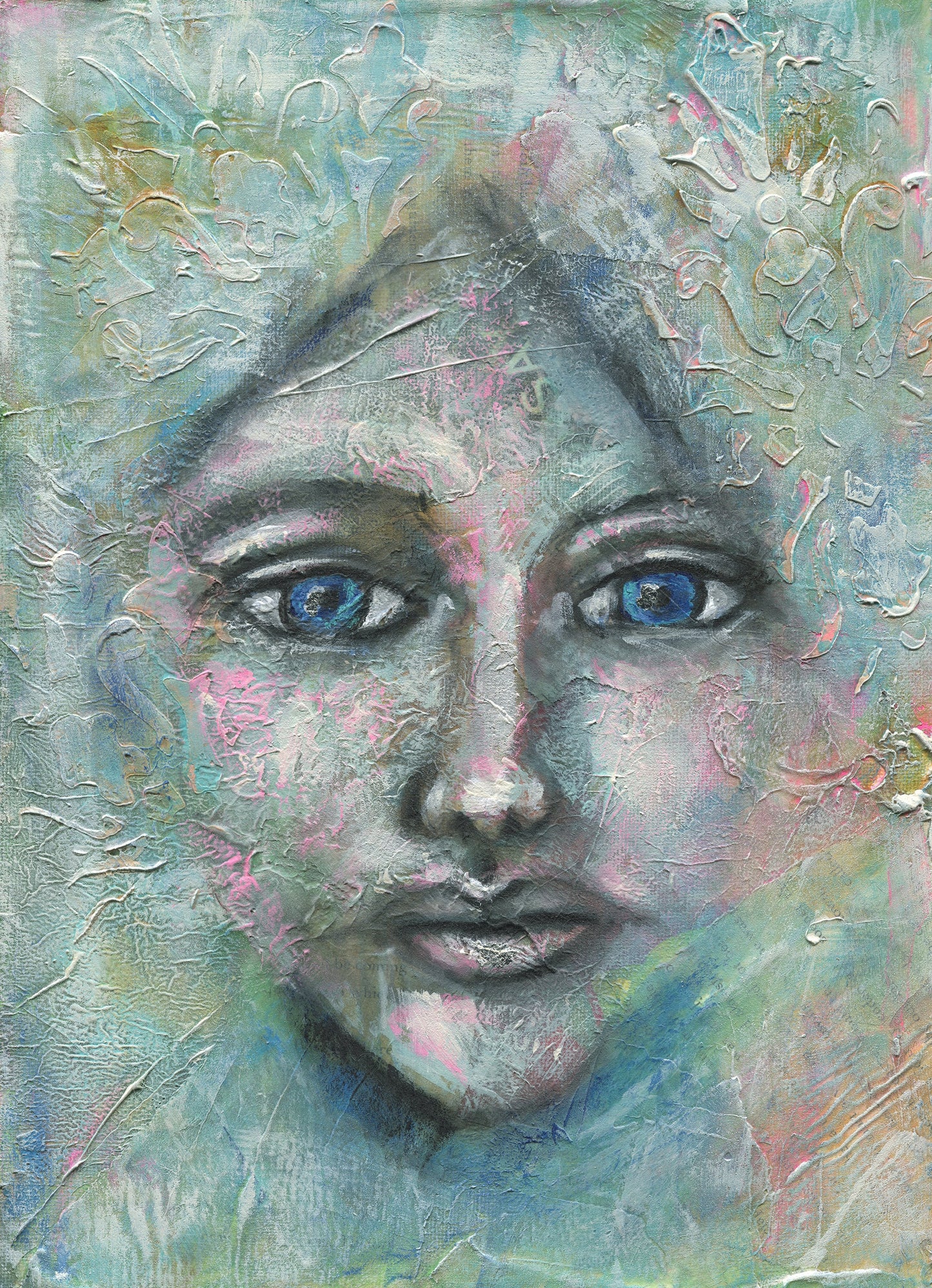 Expressive female face hand painted watercolor and acrylic painting on canvas 9x12, mixed media abstract original painting on canvas