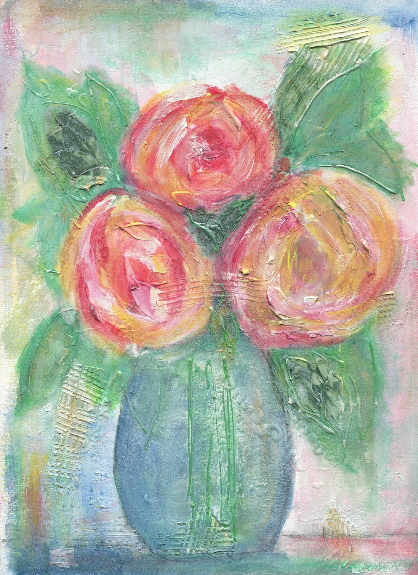 Abstract mixed media flowers in vase painting 9x12, hand painted original artwork on canvas board