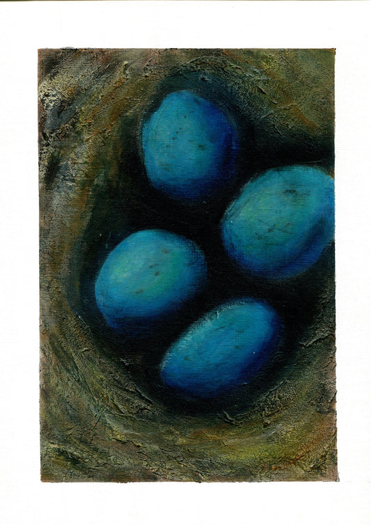 Robin's eggs bird nest original hand painted acrylic painting on paper 9x12, bird lover wall art, spring mantle ready to frame artwork