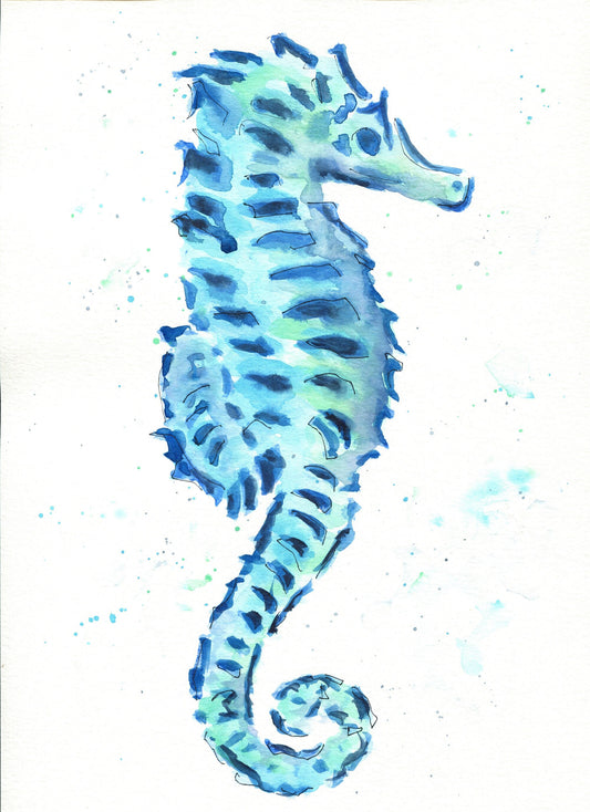 Blue seahorse watercolor painting 9x12, line and wash blue seahorse, under the sea watercolor artwork