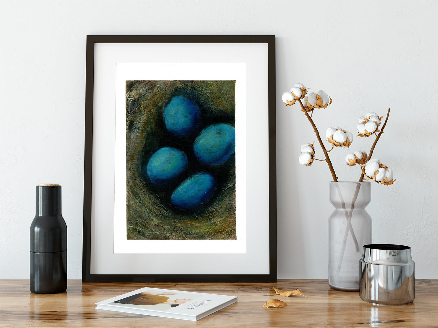 Robin's eggs bird nest original hand painted acrylic painting on paper 9x12, bird lover wall art, spring mantle ready to frame artwork