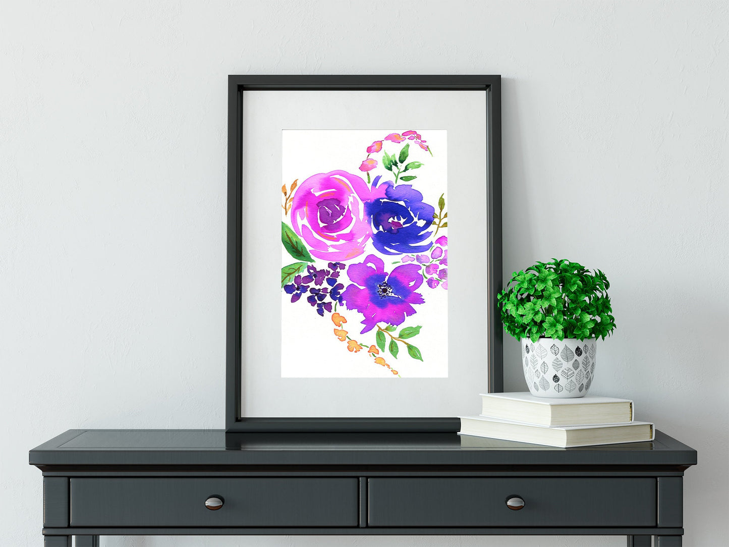 Hot pink and purple flowers original hand painted watercolor painting 8x10, rose bouquet art, flower bouquet watercolor artwork