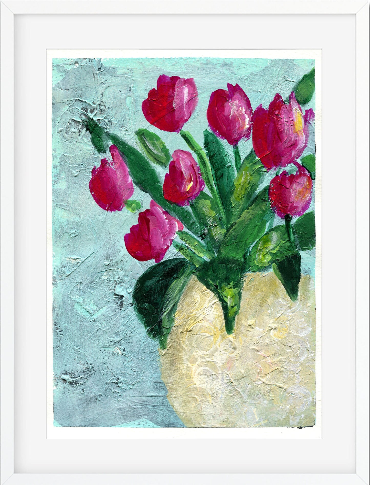 Red tulips in a cream vase original acrylic painting 9x12, hand painted textured mixed media modern floral wall art