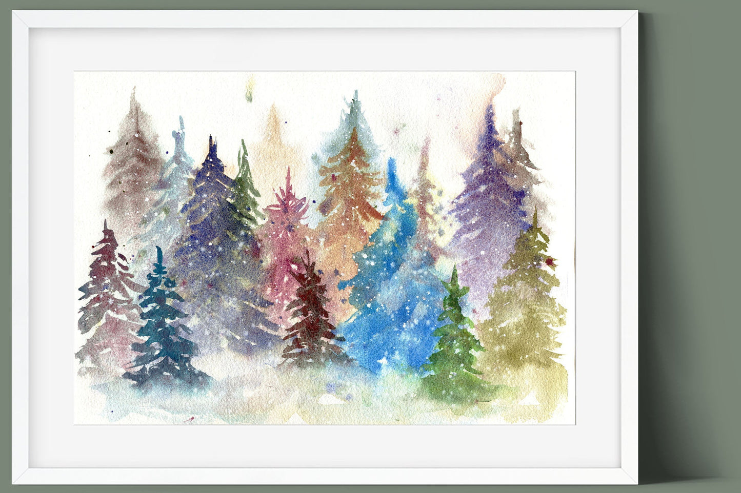 Misty forest original hand painted watercolor painting 9x12, rainbow-colored foggy mountains landscape painting wall art