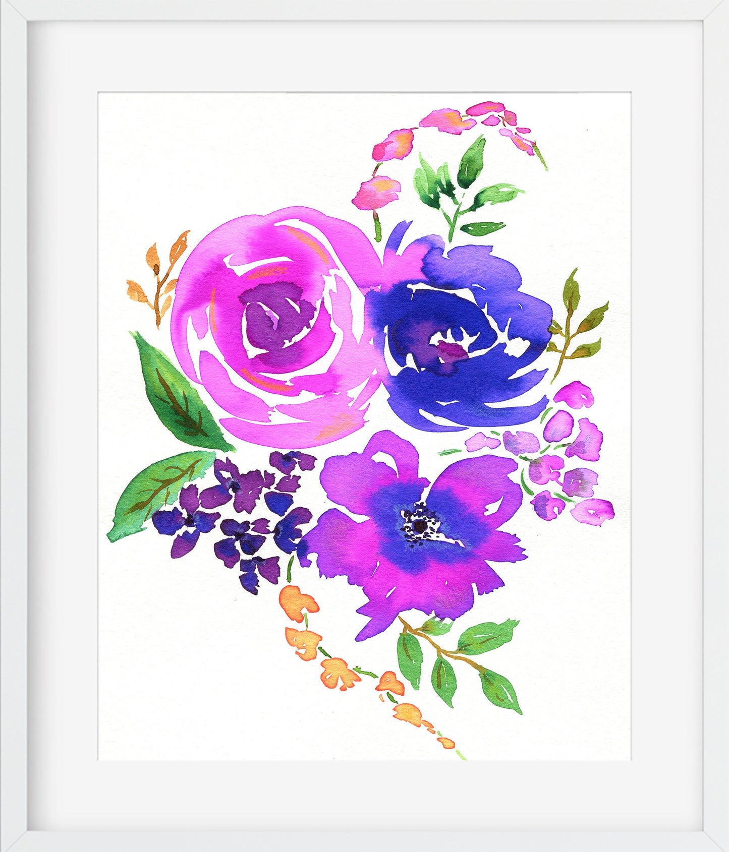 Hot pink and purple flowers original hand painted watercolor painting 8x10, rose bouquet art, flower bouquet watercolor artwork