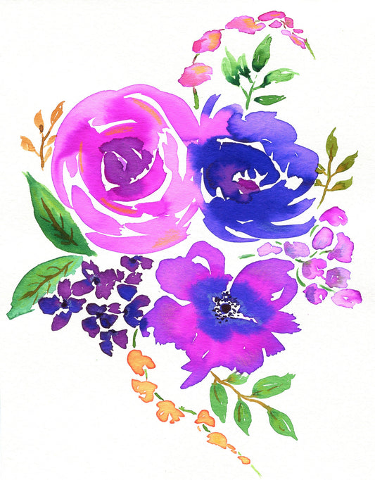 Hot pink and purple flowers original hand painted watercolor painting 8x10, rose bouquet art, flower bouquet watercolor artwork