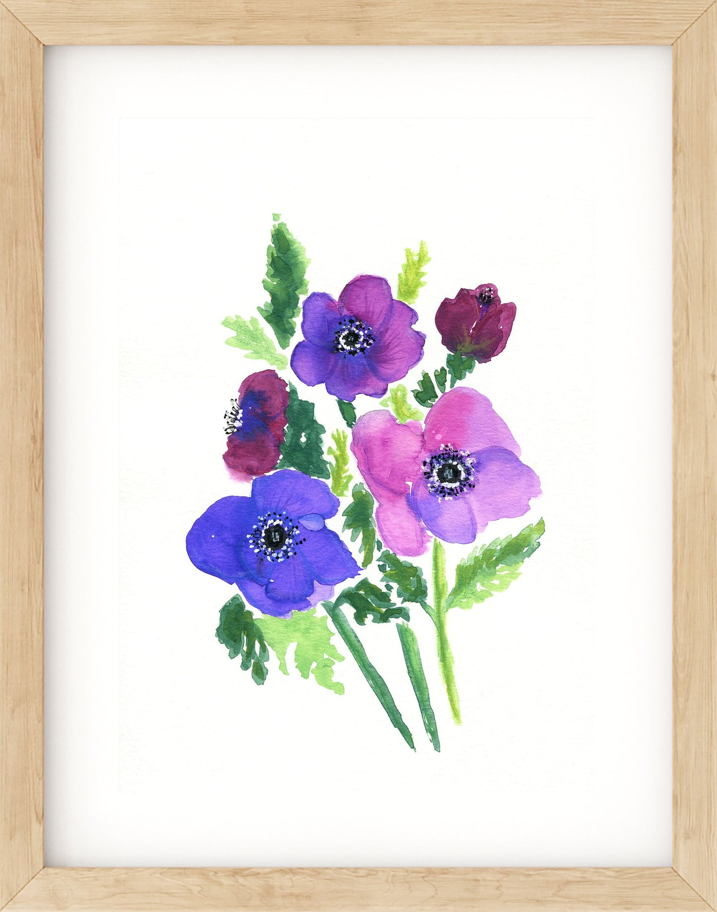 Anemone watercolor painting 9x12, purple botanical wall art, hand painted original floral artwork