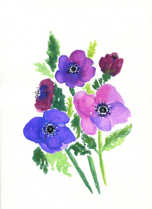 Anemone watercolor painting 9x12, purple botanical wall art, hand painted original floral artwork