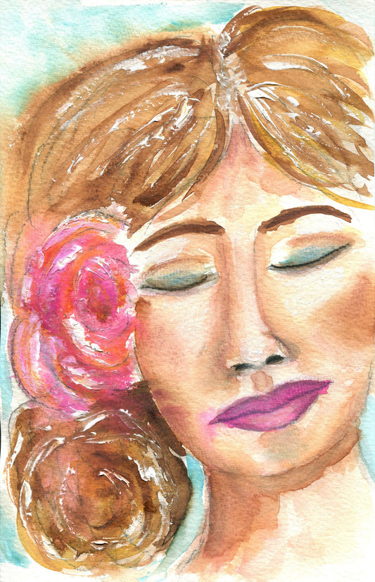 Female portrait original watercolor painting 8.5x5.5, hand painted female face with rose wall art, whimsical face mixed media portrait