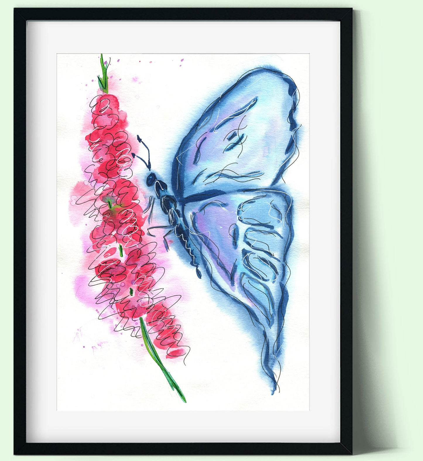 Whimsical butterfly landing on flowers watercolor painting 9x12, hand painted loose butterfly art, original watercolor, not a print