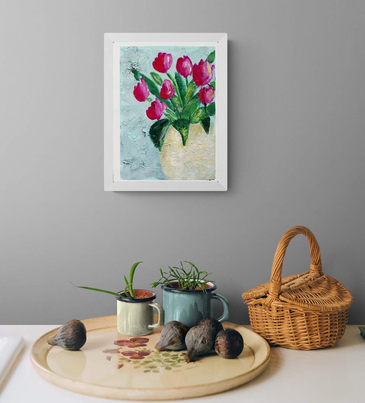 Red tulips in a cream vase original acrylic painting 9x12, hand painted textured mixed media modern floral wall art