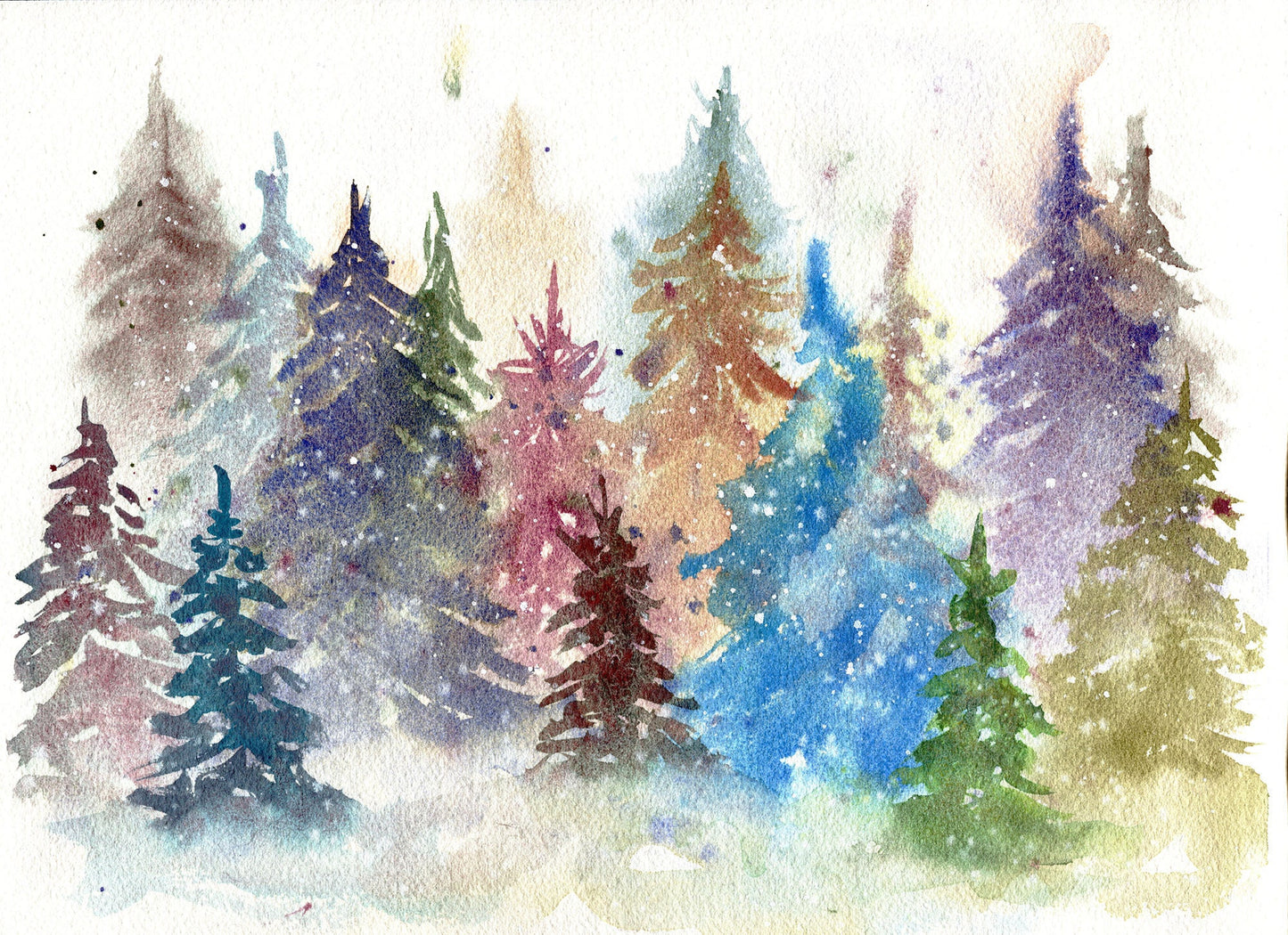 Misty forest original hand painted watercolor painting 9x12, rainbow-colored foggy mountains landscape painting wall art