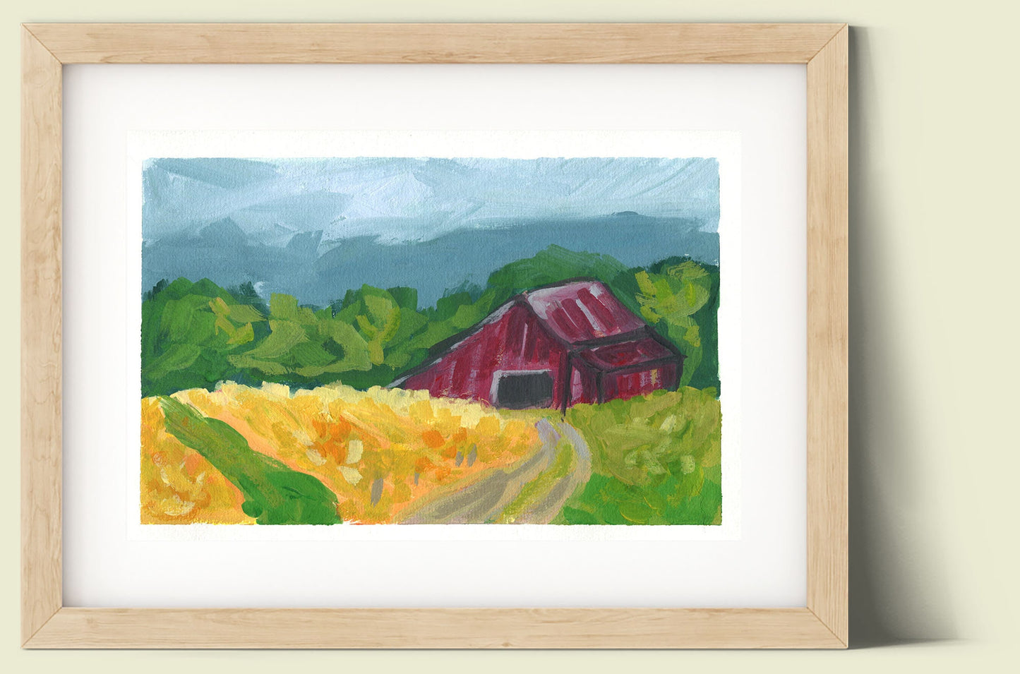 Country landscape with red barn on paper 6x9, hand painted gouache watercolor on paper, impressionism farm scenery