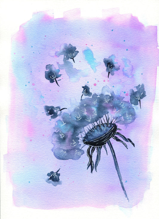 Dandelion wish watercolor painting 9x12, hand painted make a wish original painting, indigo blue wall art