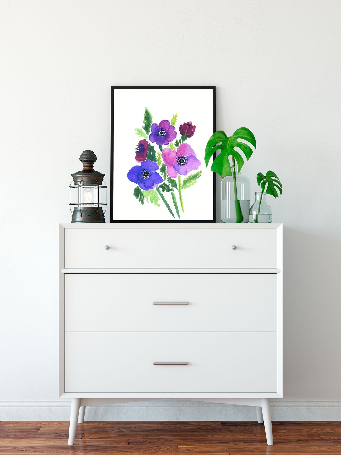 Anemone watercolor painting 9x12, purple botanical wall art, hand painted original floral artwork