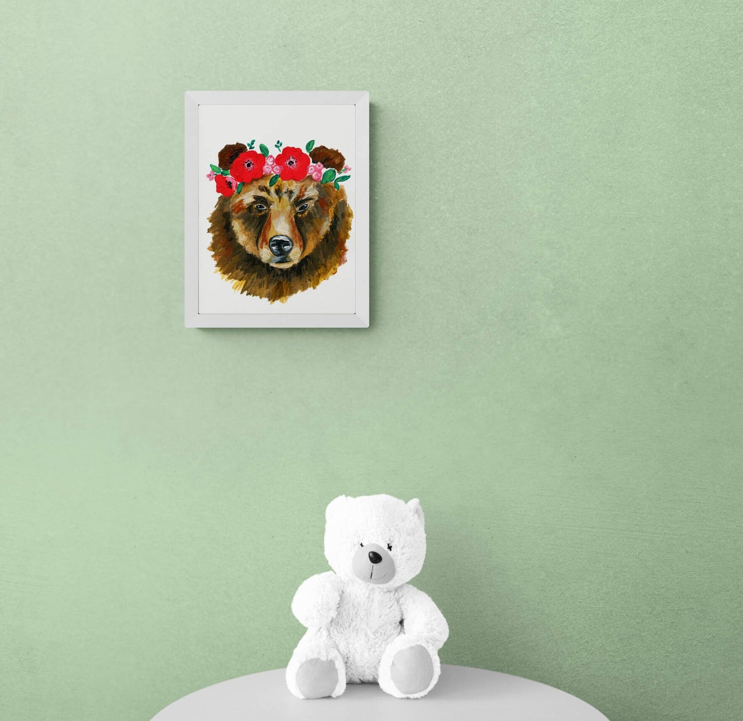 Bear with a flower crown acrylic painting on watercolor paper 9x12, hand painted not a print, original wall art