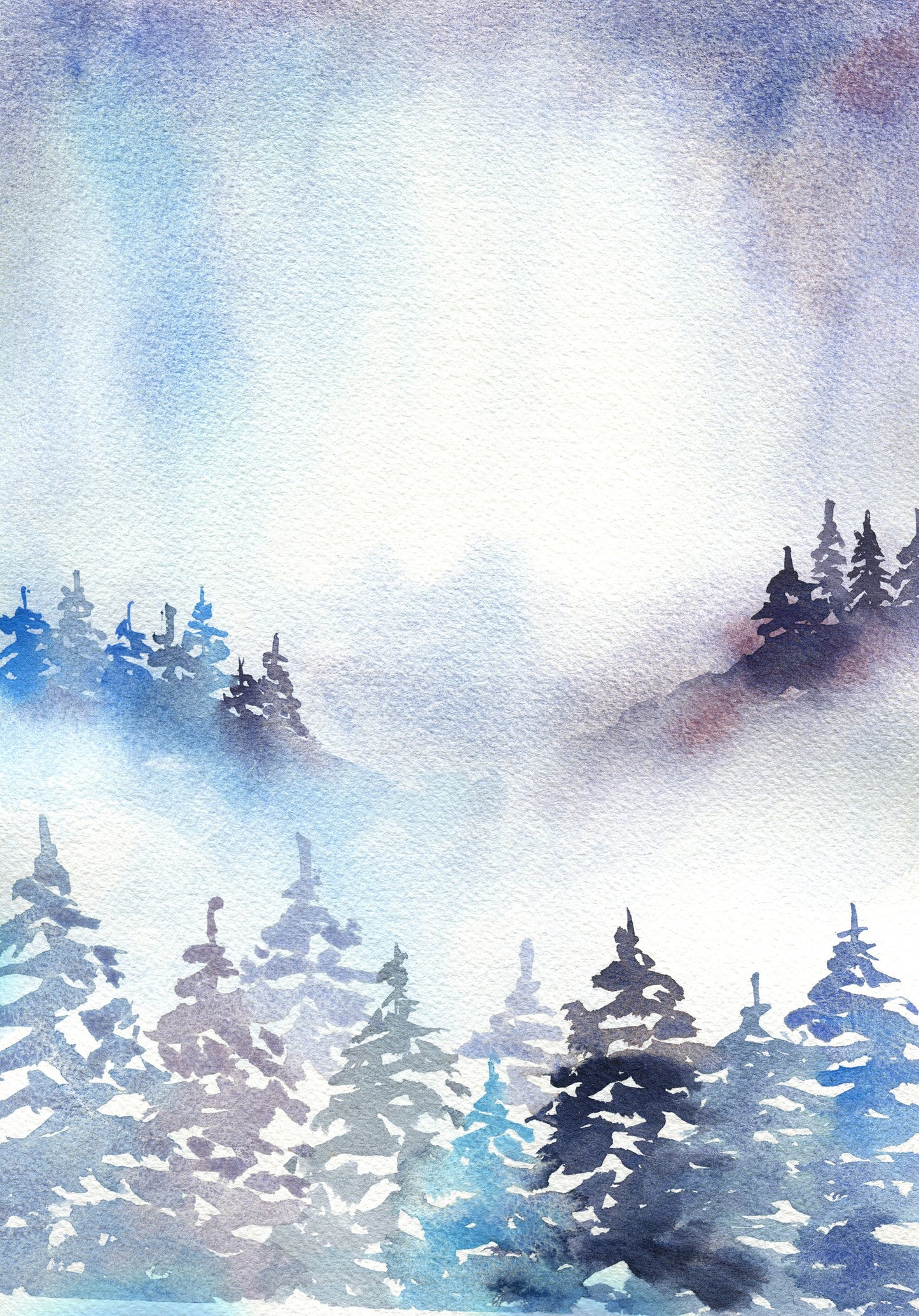 Misty forest original watercolor painting 9x12, purple and blue colored foggy mountains landscape painting wall art