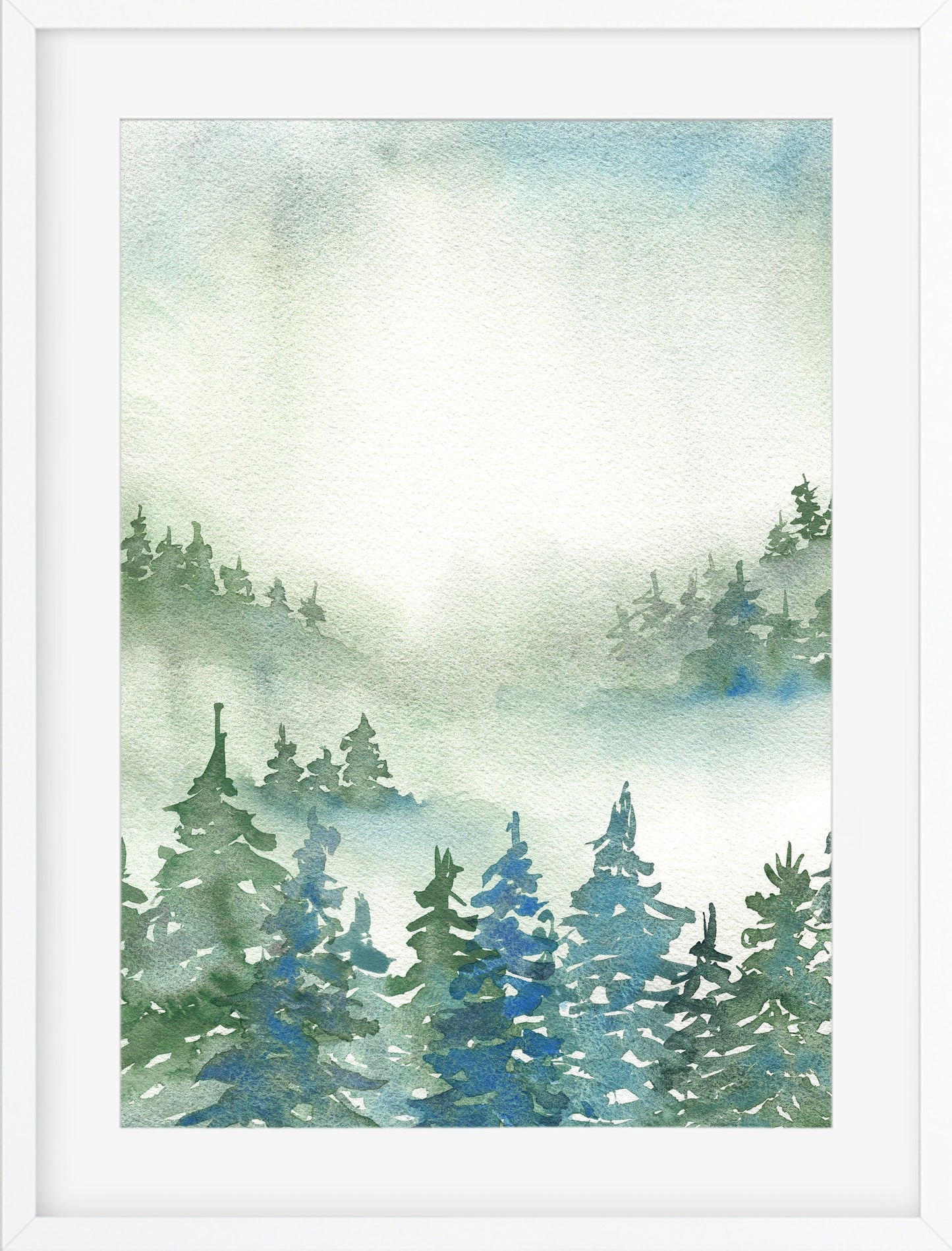 Misty forest original watercolor painting 9x12, green colored foggy mountains landscape painting wall art